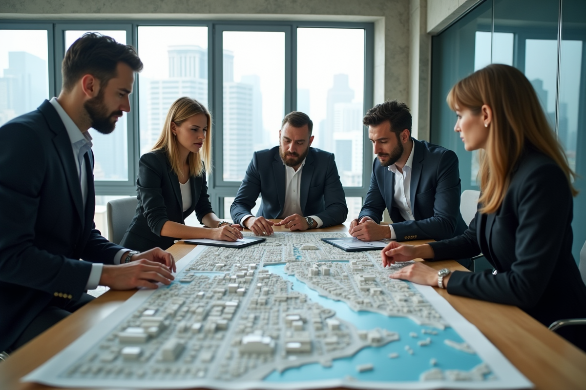 Groupe d urbanistes discutant autour de plans urbains modernes