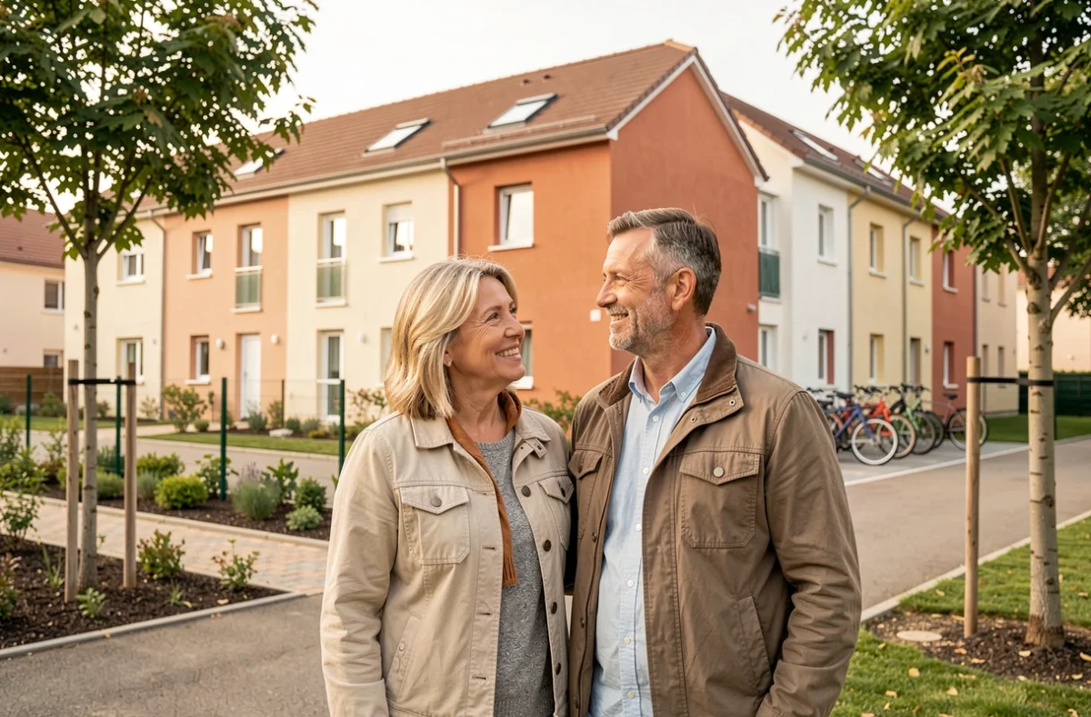 Couple devant un logement social livré par Valloire Habitat dans une ville du Loiret