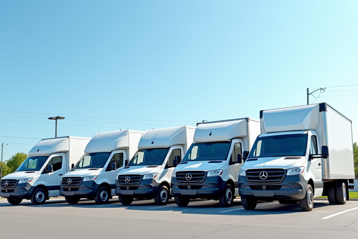 Ligne de vehicules utilitaires de location sur un parking en plein jour