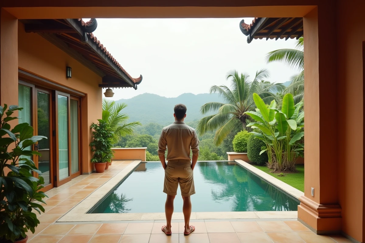 Expatrié occidental sur la terrasse d'une villa thaïlandaise moderne avec piscine et jardin tropical luxuriant