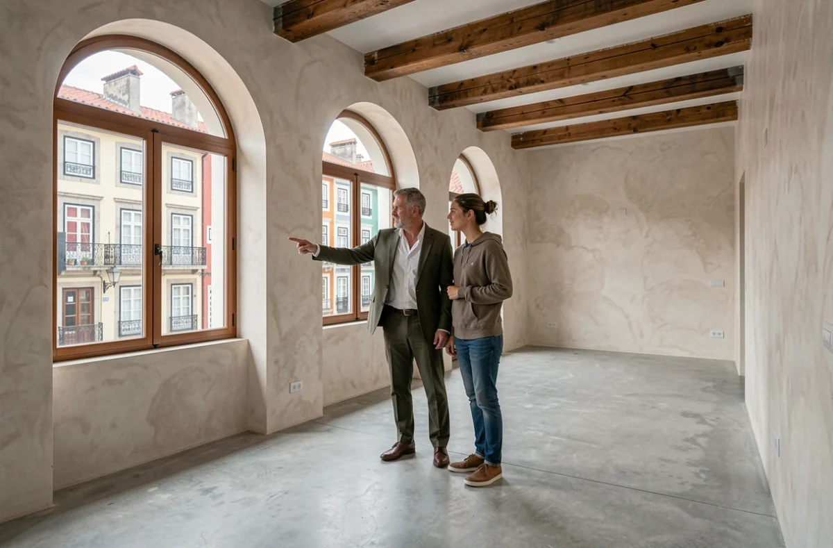 Agent immobilier présentant un duplex rénové à Porto à un couple d'investisseurs dans le quartier Bonfim avec vue sur les façades carrelées de la rue