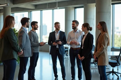 Groupe de futurs collaborateurs Enedis en visite guidée dans les locaux modernes de Parallèle à Courbevoie