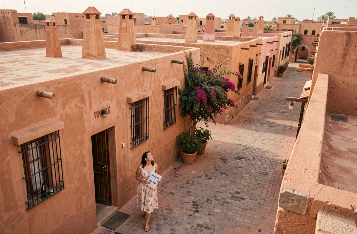 Femme visitant une ruelle résidentielle de Marrakech avec des maisons traditionnelles en ocre et un brochure immobilière à la main