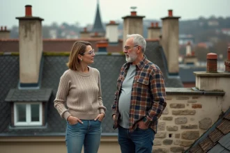 Voisins discutant sur un toit en tuiles dans un quartier urbain