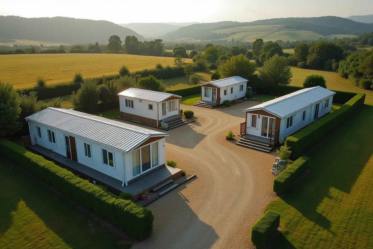 Vue aérienne d'un parc de parcelles de terrain avec mobil homes à vendre pour investissement locatif
