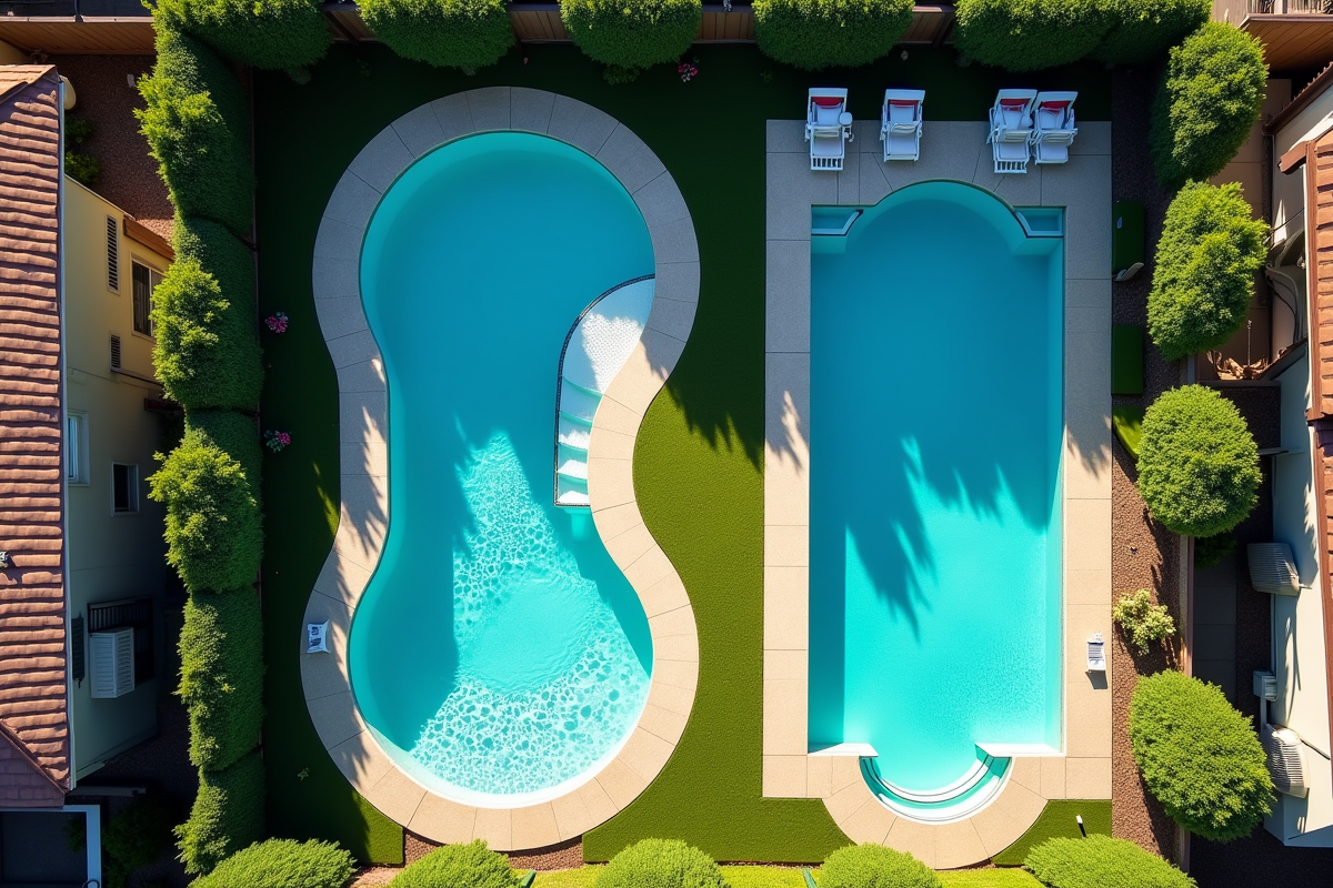 Vue aérienne de différentes piscines dans des jardins suburbains